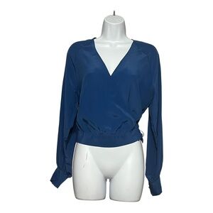 7 For All Mankind Silk Wrap Blouse Small V-Neck Long Puff Sleeve Tie Waist Top